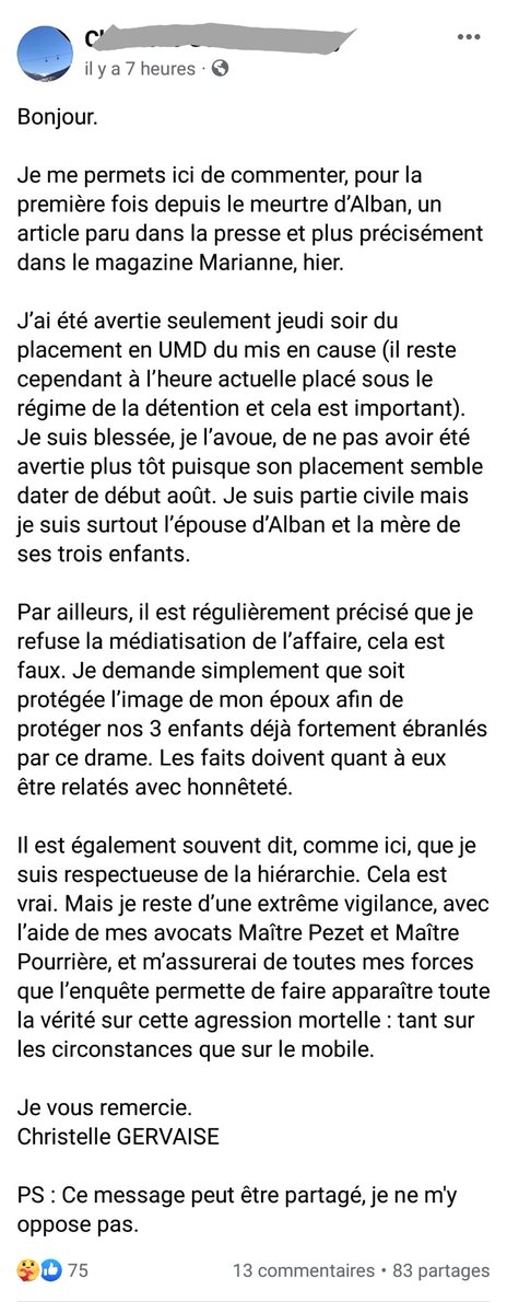 Pour la 1re fois, l'épouse d'Alban Gervaise, médecin militaire assassiné devant ses enfants, réagit publiquement sur un article. <a href="/MarianneleMag/">Marianne</a> 
Elle nie le fait qu'elle refuse la médiatisation de l'affaire, ce qui est donc une étrange #fakenews colportée par on ne sait qui.