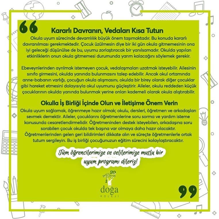 Okulların açılmasına kısa bir süre kala Okul Öncesi ve İlkokul Rehberlik Bölüm Başkanımız Büşra Aparan Akın, okul-veli iş birliğine dikkat çekti ve velilere önemli tavsiyelerde bulundu. #DoğaKoleji #eğitim #başarı #rehberlik @DogaOkullari