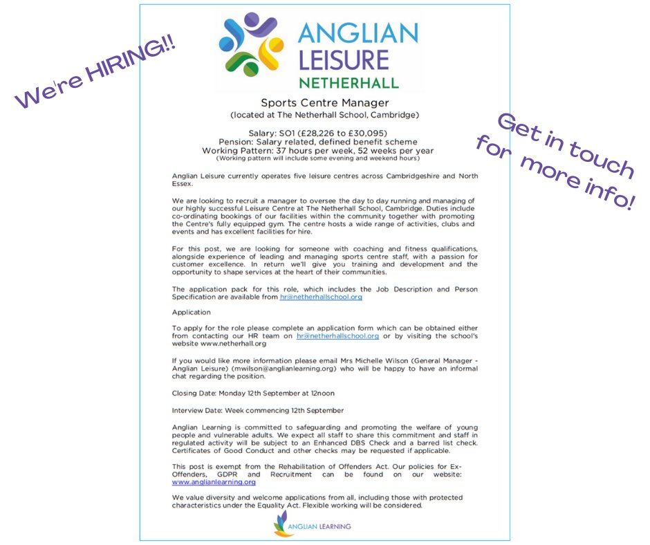 Exciting employment opportunity here at Anglian Leisure Netherhall!!
#fitterhealthierhappier