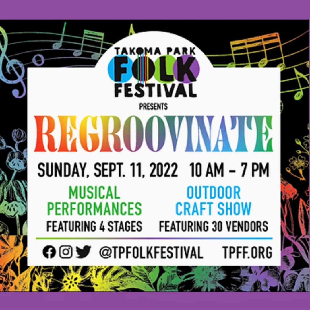 Sun Sept 11 <a href="/TPFolkFestival/">Takoma Park Folk Festival</a>
10am-7pm
"From roots-rockers &amp; Americana to world music, sitar, &amp; Chinese drumming, the festival will present something new &amp; something familiar for all visitors. The event is free, family-friendly, &amp; includes crafts, &amp; food vendors"- <a href="/SourcetheSpring/">Source of the Spring</a>