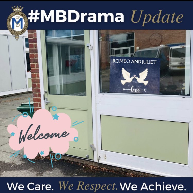 Welcome back! 

The Drama department has moved! You can now find us by the Science block.

Auditions for ‘Romeo &amp; Juliet’ are Tuesday 6th and Thursday 8th September 3.20-5.00 for Years 8-11. More information on Google Classroom. 🎭 

#MBDrama #proudofMB
