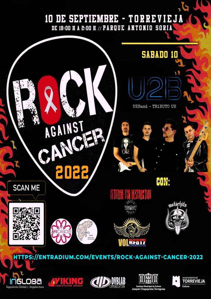 U2BandTribute's tweet photo. Rocker@s este sábado nos desplazamos al enorme festival #rockagainstcancer en Torrevieja!! Tocaremos junto a otras grandes bandas tributo! Arrancamos a las 18:30!! No te quedes sin tu entrada. SalU2 ✌️ https://t.co/VW76ygn8A3