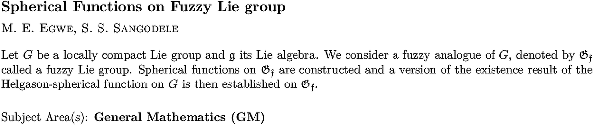 arxiv.org/abs/2209.01067…
M E Egwe, S S Sangodele
Spherical Functions on Fuzzy Lie group