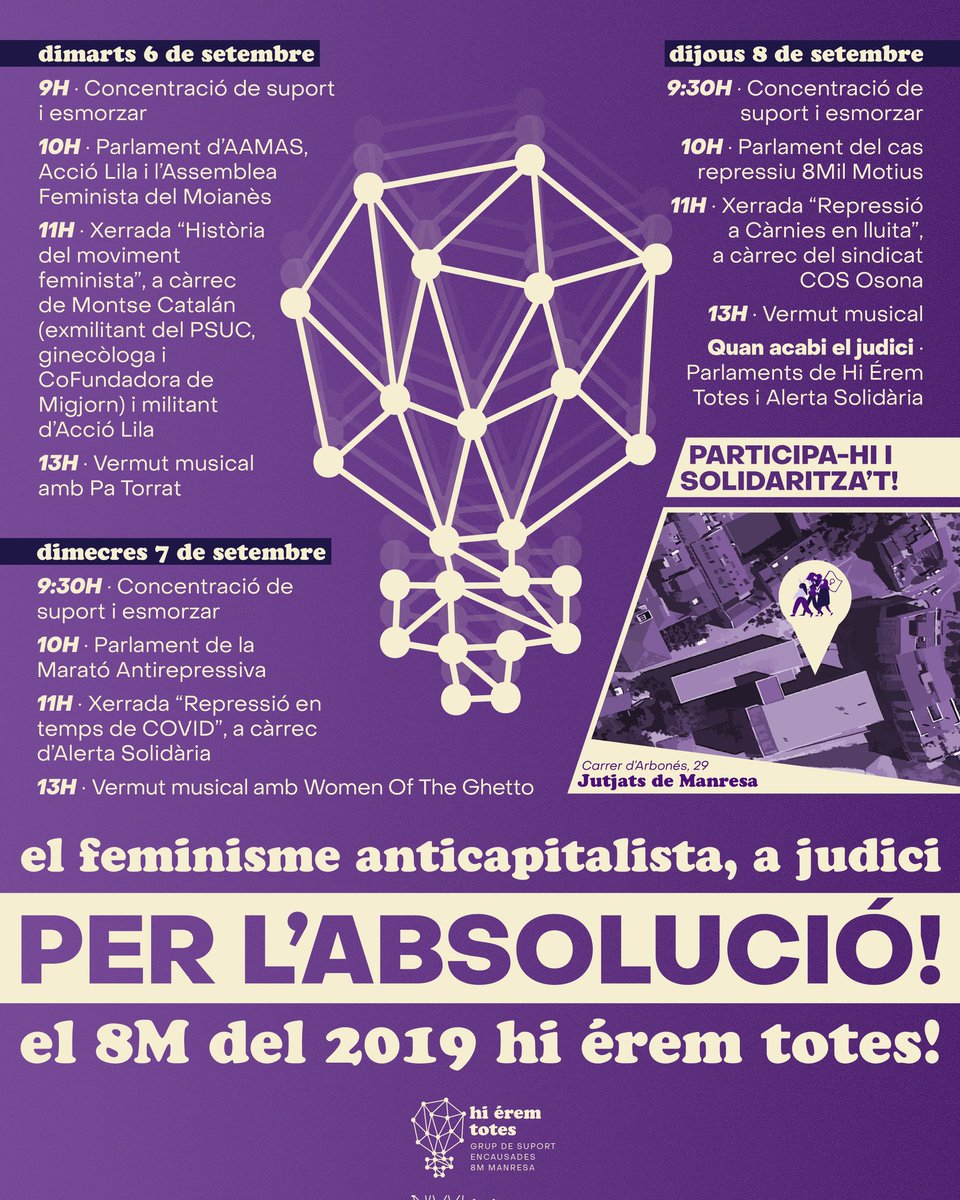 🟣 Demà, <a href="/hieremtotes/">Hi Érem Totes - Manresa</a> ens enfrontem a un altre judici contra el feminisme anticapitalista per la vaga del #8M del 2019. 

Aquesta setmana, guanyem a la repressió! ✊♀️

Del 6 al 8 de setembre, vine a l'exterior dels Jutjats de #Manresa i solidaritza't!

#HiÉremTotesAbsolució