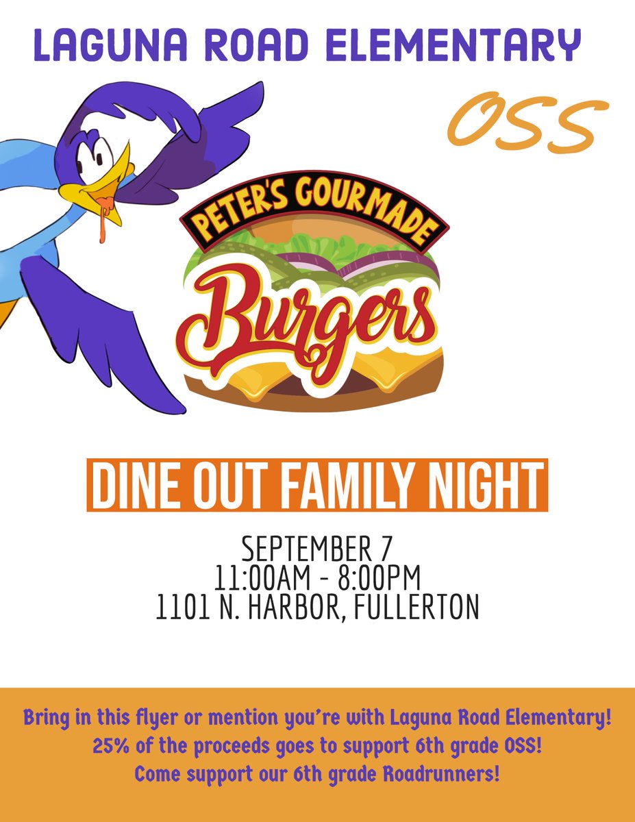 Join us this Wednesday at Peter's Gourmade Burgers! 25% will go toward 6th grad OSS.