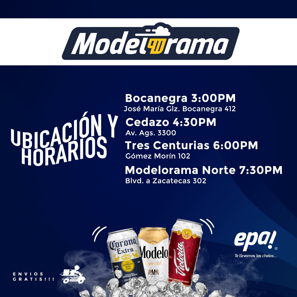 epa_modelo's tweet photo. ¡Encuentra el 𝗠𝗢𝗗𝗘𝗟𝗢𝗥𝗔𝗠𝗔 más cerca de ti!👉🏻🎟️
No te pierdas la oportunidad de ir al Estadio Victoria este sábado⚡🦅Asiste a la ubicación y el horario establecido en esta publicación para conocer cómo obtener tus boletos.
¿En cuál Mode te vemos el Viernes?👀 https://t.co/7qrGfejOEd