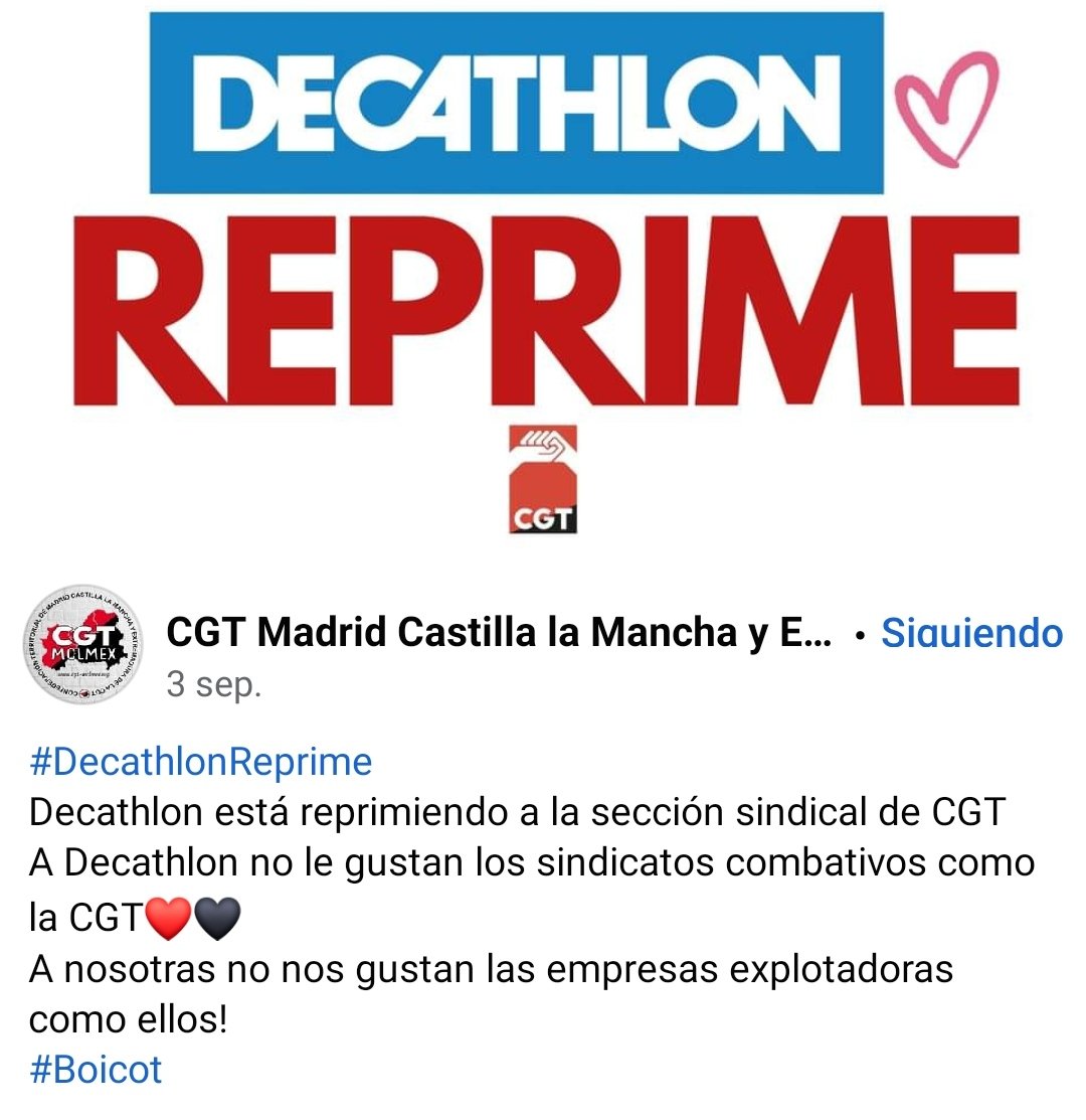 ParlaObrera_P's tweet photo. DECATHLON♡ REPRIME
@cgtzonasur
POP con l@s DESPEDID@S
#OviReadmision
#MarioReadmision
#DecathlonReprime
Decathlon está reprimiendo a sección sindical d CGT
A Decathlon no l gustan los sindicatos combativos como la CGT❤🖤
A nosotras no ns gustan ls empresas explotadoras
#Boicot https://t.co/L9jc3uxKt2