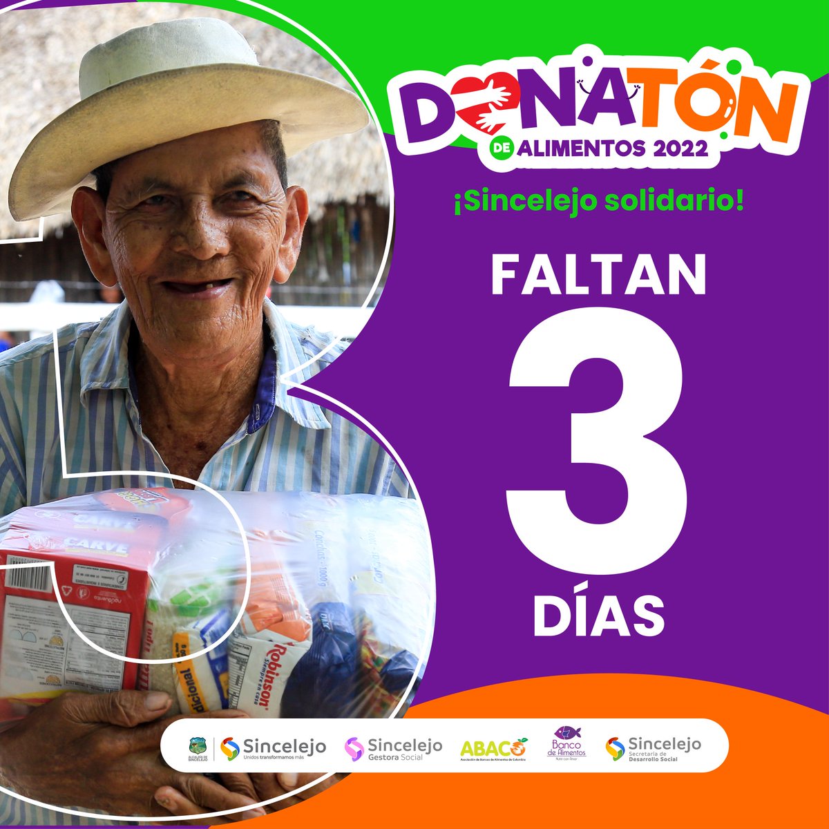 FOMVASincelejo's tweet photo. Estamos a tres días de vivir la Donatón de Alimentos 2022. Únete a esta jornada por las familias más vulnerables de Sincelejo. Ellos necesitan de nuestra solidaridad.

#DonatónDeAlimentos2022
#SincelejoSolidario
#UnidosTransformamosMás https://t.co/sQ4pTg4Azh