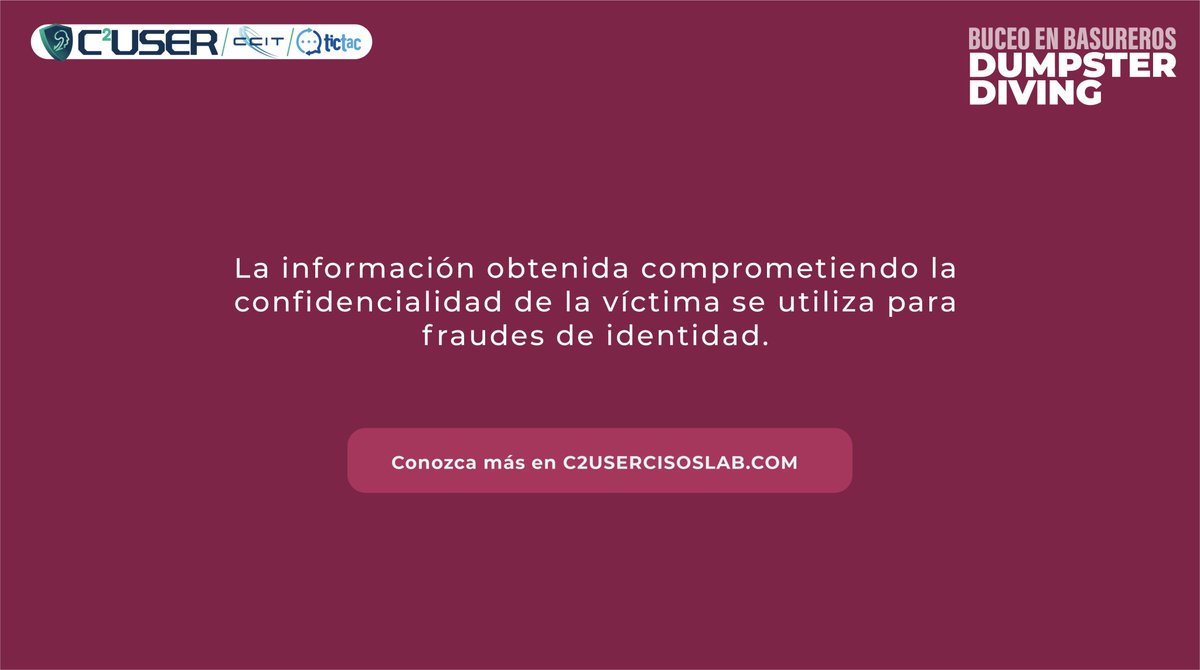 tictac_ccit's tweet photo. #C2User 📡
El #dumpsterdiving o buceo en basureros es el proceso de buscar en la basura para obtener información útil sobre una persona o negocio, esto con el obejtivo de realizar fraudes de identidad. 
Aquí les entregamos más detalles https://t.co/gJxpuJKkBI https://t.co/lp3YT0zlBa