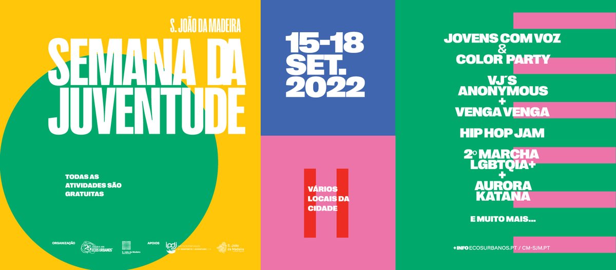 Ecos_Urbanos's tweet photo. A Semana da Juventude de S. João da Madeira  irá decorrer de 15 a 18 de setembro de 2022.
Construímos desde o primeiro momento uma programação com a Juventude e a partir das suas ideias, e propomos 4 dias de intensidade e cor. 
#ecosurbanos #municipiosaojoaodamadeira #IPDJ #jfsjm https://t.co/ttchcO1n08