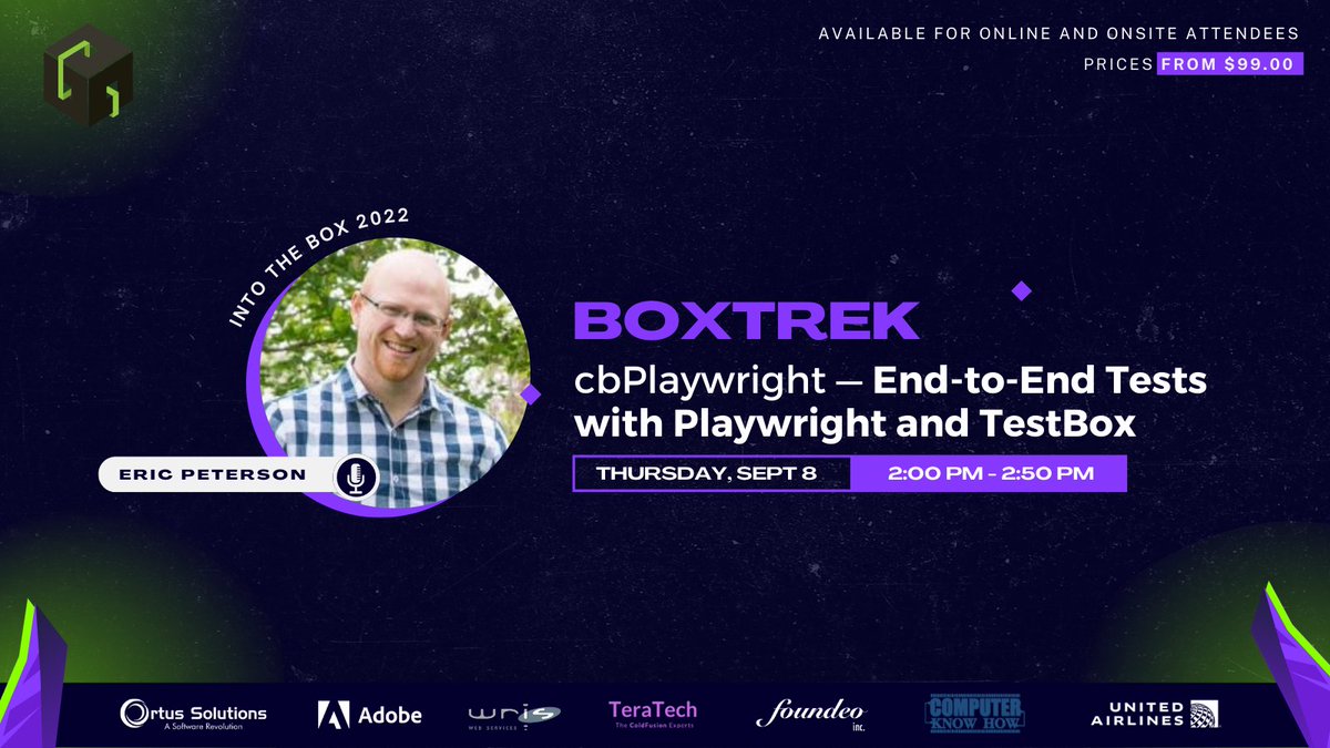 Into the Box this week - check out <a href="/_elpete/">Eric Peterson</a>: cbPlaywright End-to-End Tests with Playwright and TestBox at 2:00 PM CDT in BoxTrek room: - #intothebox 2022 - Early Bird Virtual Tickets still available #cfml #coldfusion bit.ly/3AbSWrc