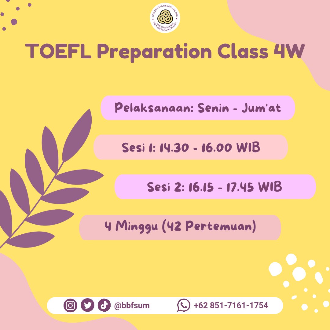 BalaiBahasaUM's tweet photo. Haloo sahabat BBB!
Bagi kalian yang sedang mempersiapkan diri untuk mendaftarkan beasiswa luar negeri maupun dalam negeri, yuk simak informasi mengenai kursus TOEFL Preparation 4W di Balai Bahasa dan Budaya FS-UM 😉
#universitasnegerimalang #bbfsum #TOEFL #TOEFLClass #TOEFLPrep https://t.co/Cuy88pqsje