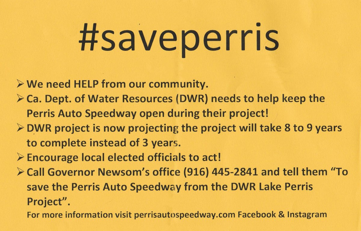perrisautospdwy's tweet photo. Call to action!  Please call Governor Newsom's office on Tuesday and tell them "To Save the Perris Auto Speedway from the DWR Lake Perris Project."  We need this help now. Please share on your social media and ask all of your friends to call the governor's office. 
#saveperris https://t.co/5GcZkcUm0Q