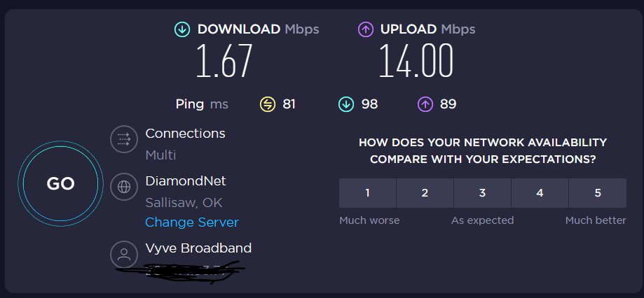 stnbond7's tweet photo. hey @VyveBroadband, I'm paying for 105 down, do you see a problem with this speedtest? FIX. YOUR. SHIT. https://t.co/TsJePNrgCA