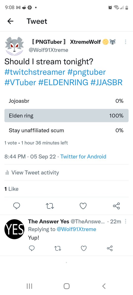 Wolf91Xtreme's tweet photo. You see that thing that says "the answer is yes"? Well that's a suicide prevention bot. Apparently the poll post, which is meant to help me decide things, is telling me I need mental help instead of actually helping to decide on what I should do tonight. #pngtuber #bemorehelpful https://t.co/wTjpDN7rqK