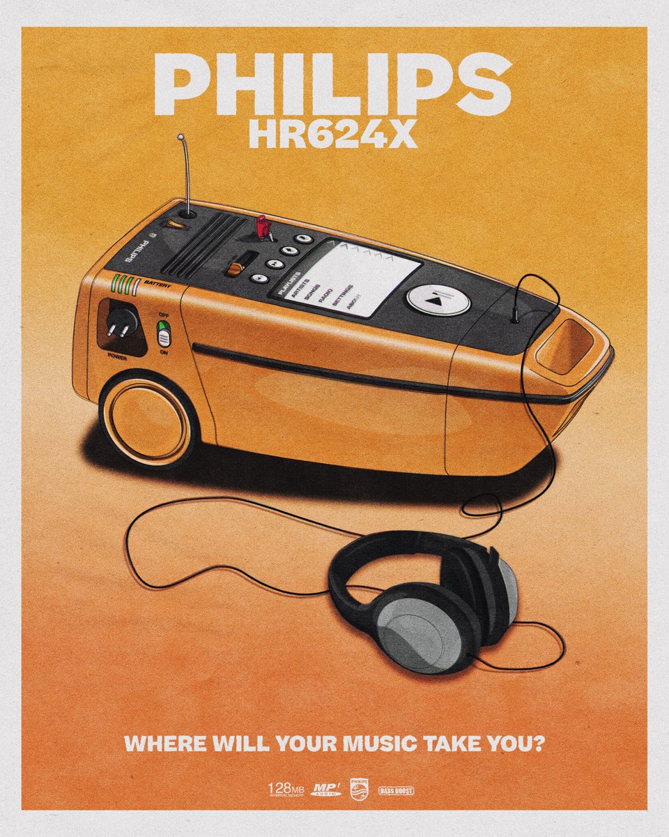nckktng's tweet photo. A fictional, pre iPod, mobile music listening device based upon the iconic Philips HR624 vacuum cleaner from the 1970s 🎧 https://t.co/C0WXEHMXRv