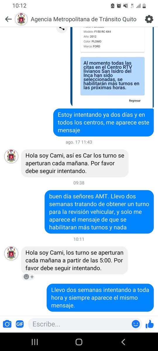 LOREDAYS1's tweet photo. @MunicipioQuito @AMT_Quito @eluniversocom @elcomerciocom @tctelevision @EcuavisaInforma @RTSEcuador Ya van tres semanas tratando de obtener un turno, y siempre el mismo mensaje.
Su gran "solución" es "siga intentando", ¿Hasta cuando intento? https://t.co/dBHIw1K0Gq