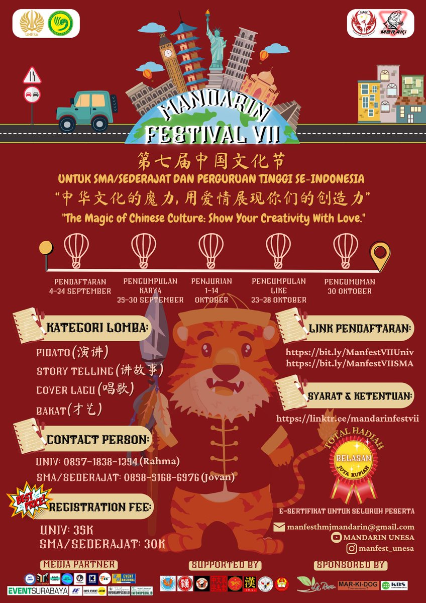 MandarinUnesa's tweet photo. 大家好!🙌🏻
Mandarin Festival is Comeback! 
Yuk segera daftarkan dirimu ya!🤩 

📌Pendaftaran:
4 - 24 September 2022

📍 *-Link Pendaftaran-*
SMA/K/Se-derajat: https://t.co/Gq3AdIBGKs
Univ: https://t.co/hxBjhPEmCK 

📢 *-Syarat dan Ketentuan-*
https://t.co/7956CNBPVo https://t.co/eC1j417BlX