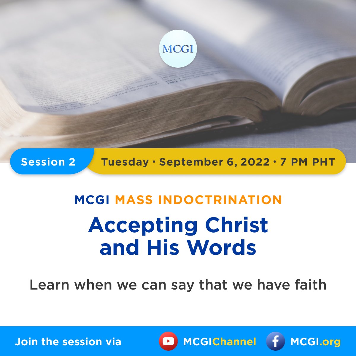 Let’s discover the importance of faith and the impact of following Christ’s teachings in our lives.

Tune in to our live broadcast later at 7 p.m. PHT via our online platforms or visit mcgi.org/live. 

Accepting Christ and His Words
#PureDoctrinesOfChrist