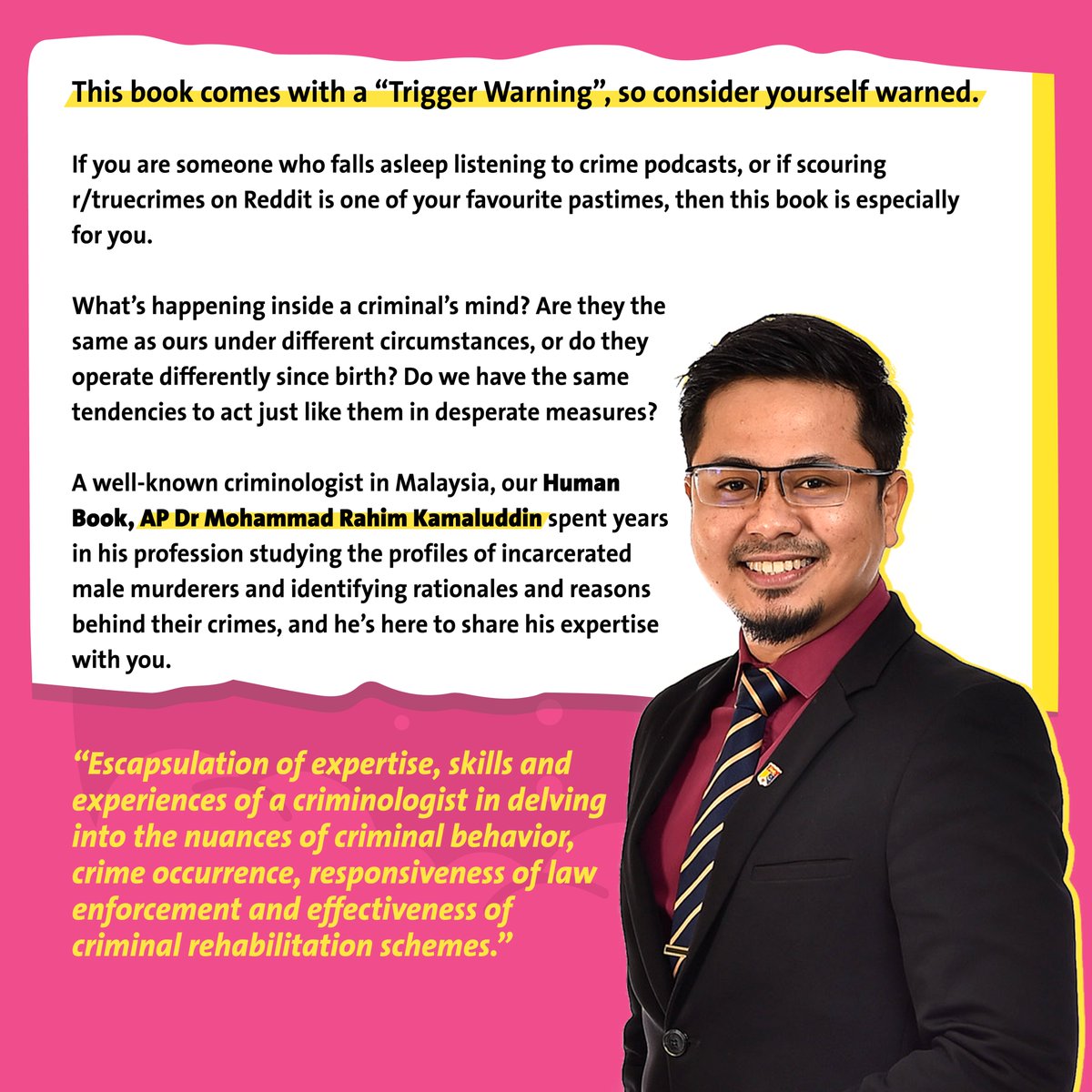 gradmalaysiaMY's tweet photo. Here is your chance to meet him as one of the Human Books during our live Human Archive segment at the upcoming #MCASF at KLCC, where he will be busting myths and sharing true crime stories from his own life and career. Stay tuned!
#gradmalaysia #drrahimmunna #criminologist https://t.co/EXxlhJx12T