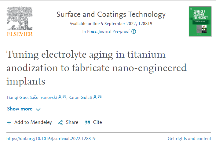 drkgulati's tweet photo. RESEARCH ALERT!
Check out our latest paper in Surface & Coatings Technology by @TianqiGuo3 focused on 'optimizing electrolyte aging to nano-engineer implants'.
https://t.co/1XYs84uNuW
@GATORS_Research @UQiTEAM @UQHealth
#implants #nanoengineer #anodization https://t.co/VIYmapjvi6
