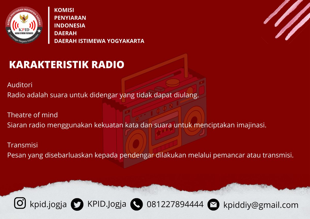 kpidjogja's tweet photo. Halo Sobat Penyiaran 👋

Taukah anda ciri khas radio adalah bersifat auditif, yakni dikonsumsi oleh telinga atau pendengaran. Radio juga memiliki karakteristik yang membuatnya berbeda dengan media massa lainnya. Apa sajakah itu?

Yuk simak postingan di bawah!! https://t.co/PFLFUa4jDq