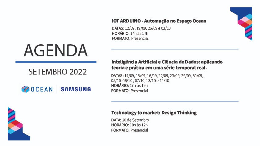 Alex_Lattaro's tweet photo. Ae galera, saiba agenda dos cursos de setembro do Samsung Ocean na @unicampoficial. Bora aplicar #Python e #InteligenciaArtificial em #DataScience? https://t.co/9iLnyqql9W
