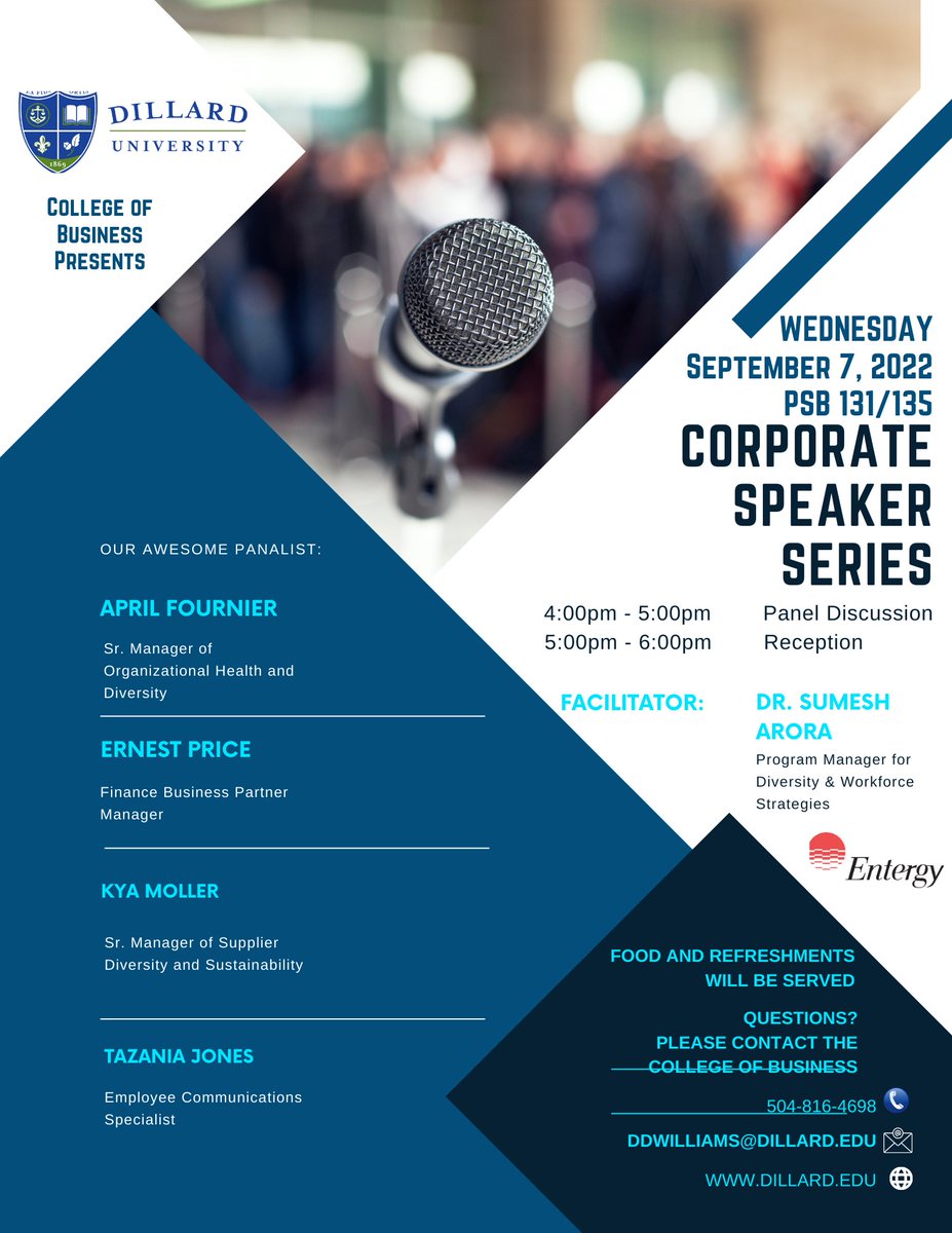 The College of Business welcomes all faculty and students to our upcoming event on Wednesday, September 7, 2022. <a href="/du1869/">Dillard University</a> <a href="/DUAcademicAff/">Dillard University Office of Academic Affairs</a> <a href="/Dillard_UC/">University College DU</a> @