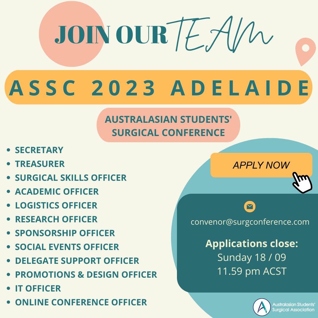 📢 Registrations are open on Tuesday 6th September for the Australasian Students’ Surgical Conference (ASSC) 2023 - open to ALL medical students in Australia &amp; New Zealand! 📢

🌟 You can find more information on position description here: bit.ly/assc2023 🌟