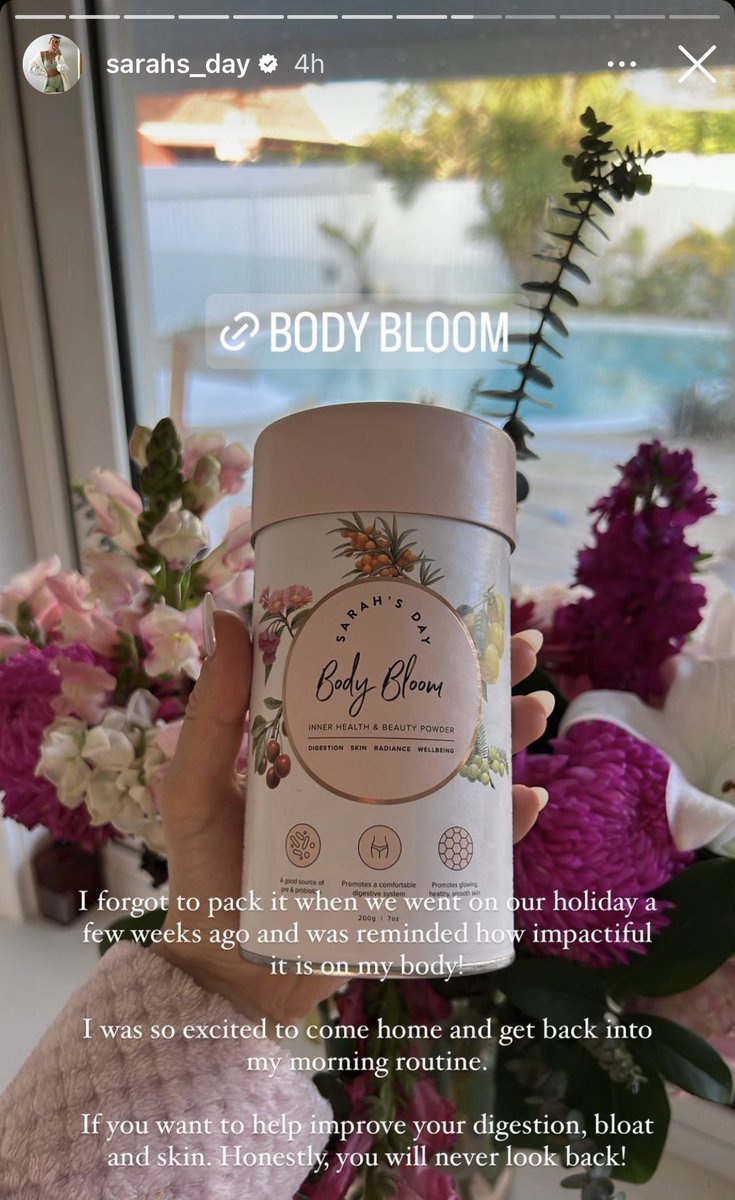 this_is_mallory's tweet photo. If #wellness influencers can’t go a few days without a powder (they conveniently profit off of), how well are they really? She said it also made her feel better when she had covid - some powder!!
#BodyBloom by #SarahsDay and @Tropeaka, what the 🤦🏻♀️ emoji was made for. https://t.co/eBg31AFZaJ