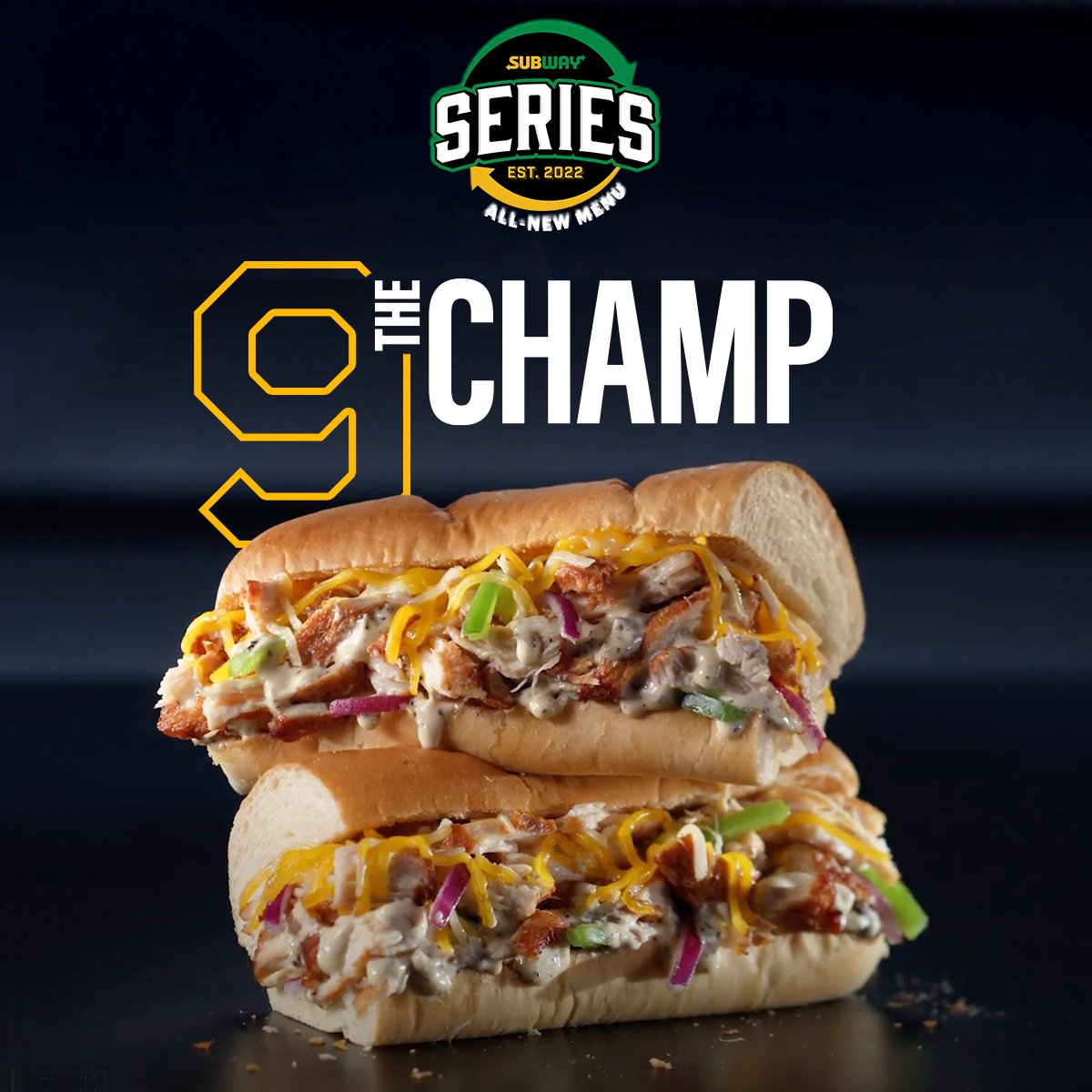 SUBWAY's tweet photo. Fighting is hard, losing is harder. But #9 from the #SubwaySeriesMenu doesn’t do either. (Because it’s a sandwich.)

The Champ’s™ rotisserie-style chicken and monterey cheddar packs a flavor-filled mouth punch. 

Get ready to rumble: https://t.co/B8RVmVqGyt https://t.co/KsWB5c0QvV