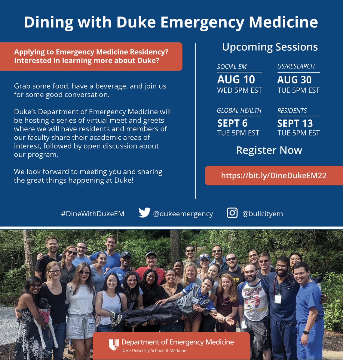 sreeja_natesan's tweet photo. 🚨#MedStudents, #MedstudentTwitter🚨: #DiningWithDukeEM virtual meet & greet is TOMORROW evening! Join us at 5pm EST to hear about #DukeEM @GEMINI_Research 🌍Global Health 🌎 opportunities with the amazing Dr @CatherineStato1.
✏️Register now at: https://t.co/LS59pU1efP https://t.co/R47MBp8uF7
