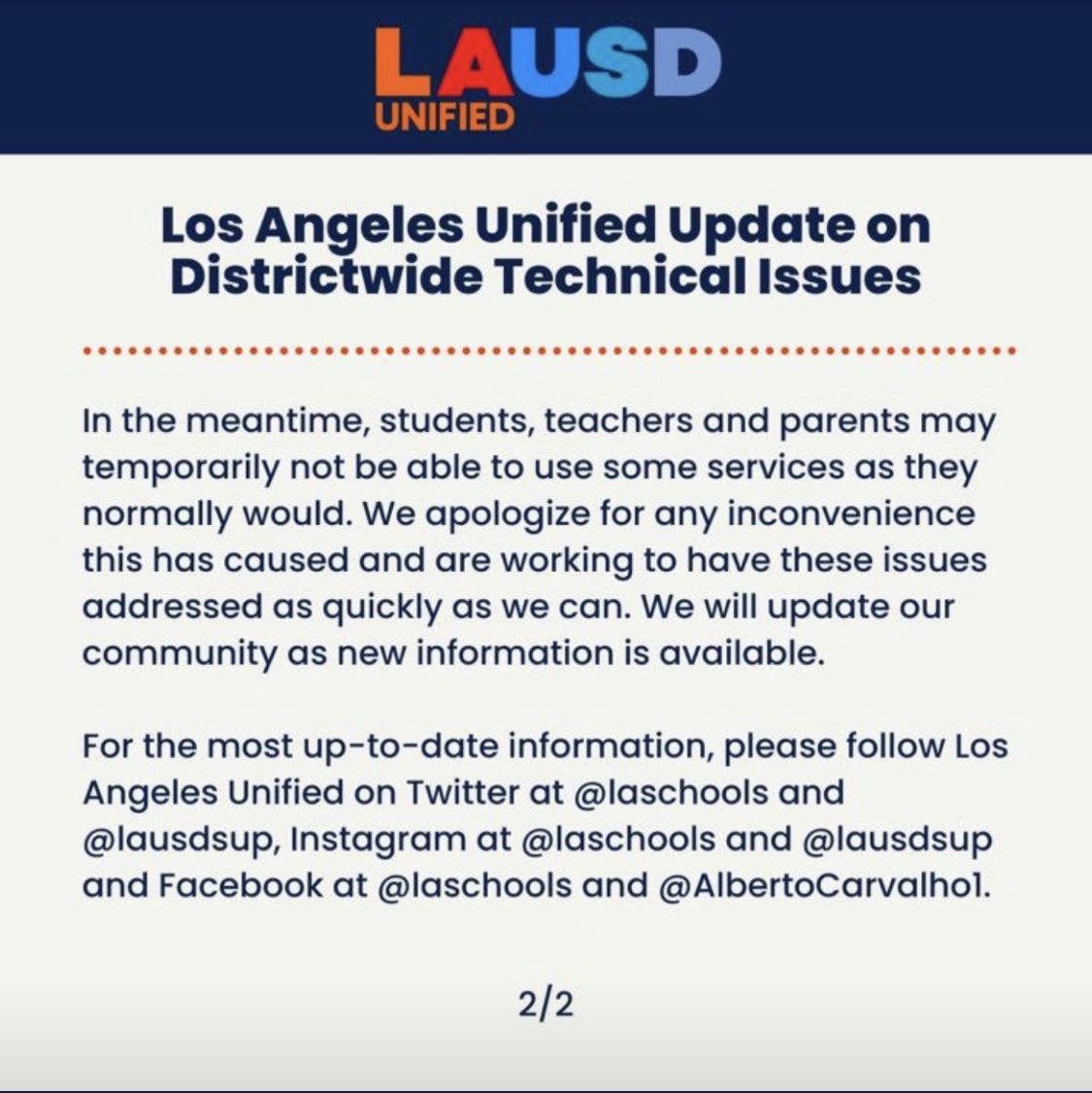 DriveCharter's tweet photo. Attention: LAUSD is currently experiencing technical difficulties. https://t.co/zHG2WH4J1f