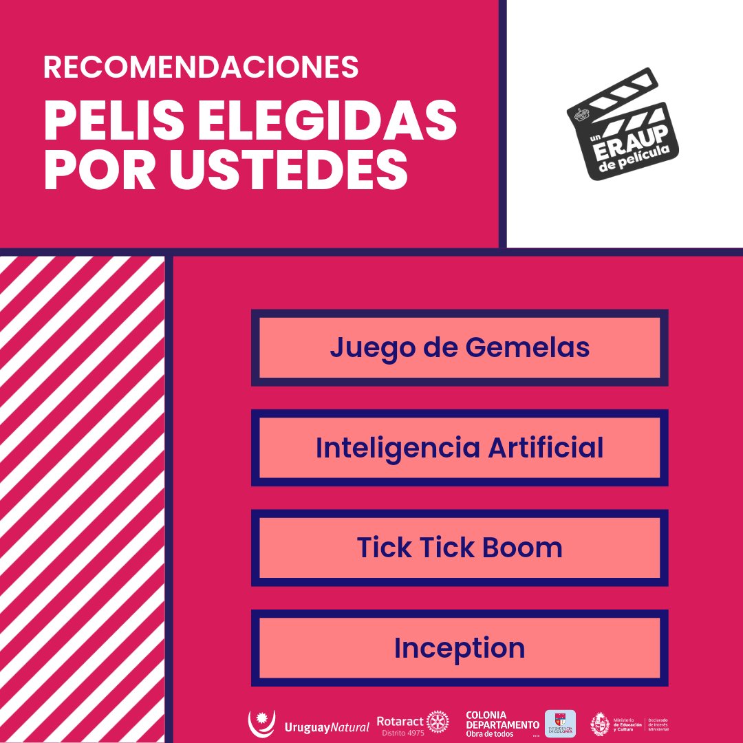 ERAUP2023's tweet photo. 👉 Les dejamos las pelis que ustedes nos recomendaron

¡Si querés vivir un ERAUP de película, todavía estás a tiempo de inscribirte! ⏰

¡Te esperamos! Hay historias que merecen ser bien contadas 😗 https://t.co/BXHbmIlYlf