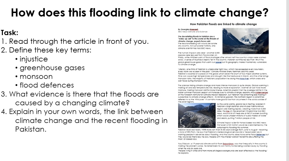 Jennnnnn_x's tweet photo. Here's a short lesson on the current flooding in Pakistan, an IDEAL analysis, lots of discussion opportunities &amp; an article linked to the flooding/climate change. Not anything hugely 'wow' - but if its useful, feel free to download here. #geographyteacher https://t.co/d9mCyCZnSD https://t.co/znELvQhp3x