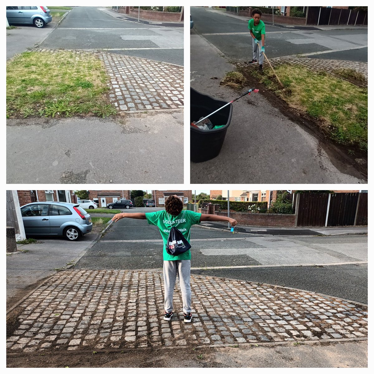 LitterClear's tweet photo. Finito! These cobbles were previously hidden with 3ft hay&amp;weeds. It took the entire 6 wks holidays-bit by bit, in 1/2 hour slots, Jay uncovered them with just a little help. Celebrated completion with tapas &amp; churros @lpool_LSSL @MikeBrown_LSSL @liamrobinson24 #keepliverpooltidy https://t.co/Rg82vnM7ET
