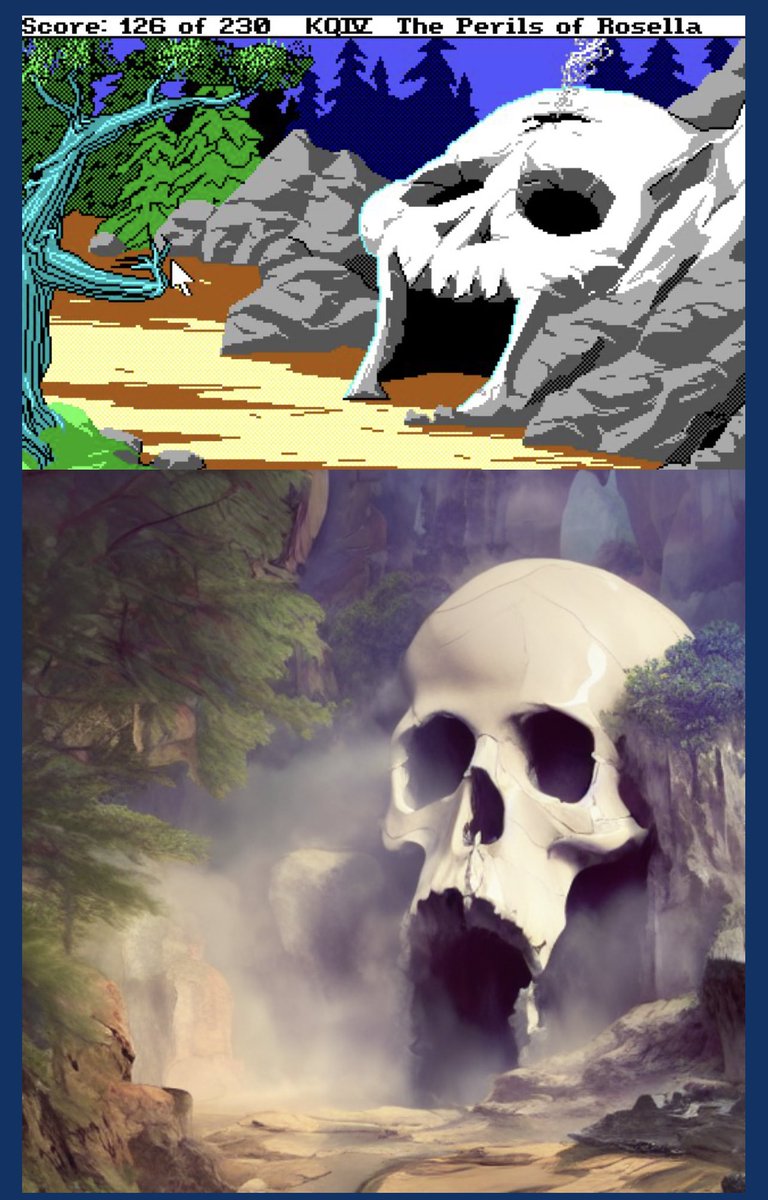 benhouston3d's tweet photo. This guy is using Img2img Stable Diffusion on old Sierra titles. Input the old 16 color low res image and get back amazingly detailed recreations.  https://t.co/SXVXceWf7d (I wonder if soonish we can apply this to old cartoons animations?) https://t.co/0WLQOBUoNX
