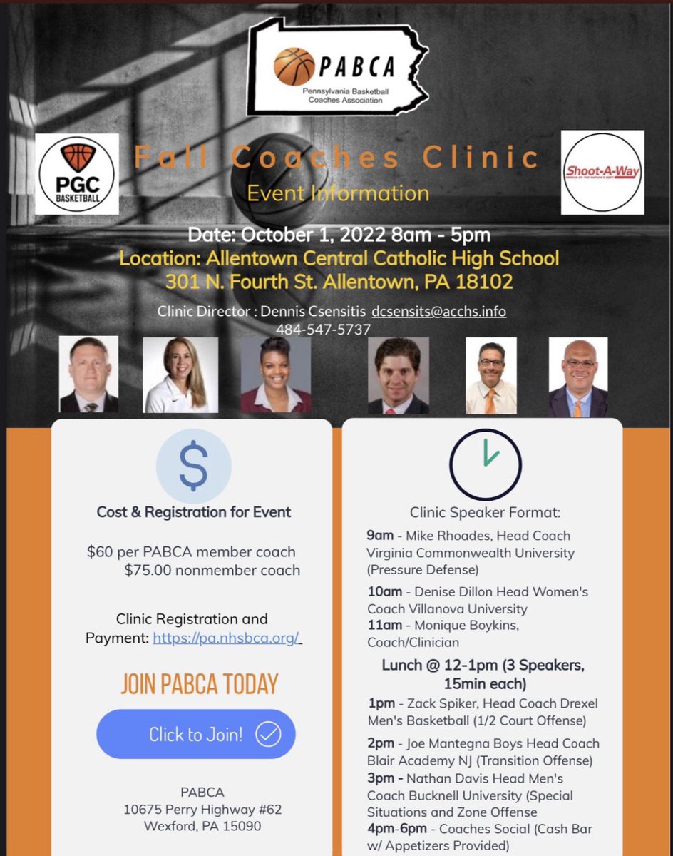 Oct 1st you do not want to this coaching clinic!We have some speakers you don’t want to miss and some great off-court sessions!
Coach Mike Rhodes-Virginia Commenwealth University
Coach Denise Dillon-Villanova University 
Coach Mo Boykins-Clinician/Speaker 
pa.nhscba.org