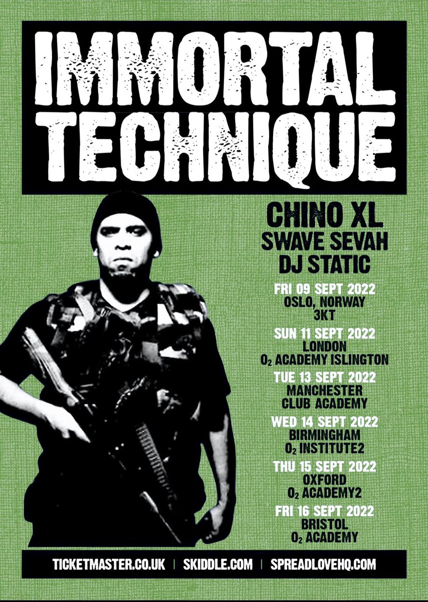 If this poster gets 100 RT’s I’ll give away free tickets tonight to the UK shows. You just have to be following me and RT the poster. Tickets for all the shows are now available on ImmortalTechnique.com