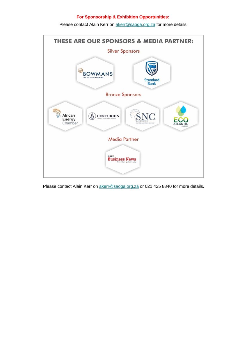 With 10 Days to go you can Register for the, 2nd Annual Southern Africa Oil and Gas Conference &amp; Expo 15-16 Sept 2022 at The Westin Hotel, Cape Town, South Africa. REGISTER HERE USING THIS LINK: lnkd.in/dac8S5UY
Contact Alain on akerr@saoga.org.za on for more information.