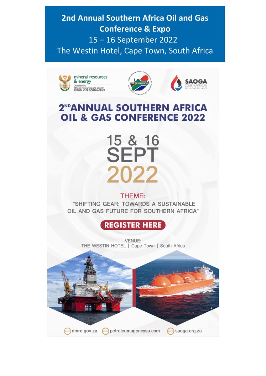 SAOGA1's tweet photo. With 10 Days to go you can Register for the, 2nd Annual Southern Africa Oil and Gas Conference &amp; Expo 15-16 Sept 2022 at The Westin Hotel, Cape Town, South Africa. REGISTER HERE USING THIS LINK: https://t.co/VPUwwnCM7V
Contact Alain on akerr@saoga.org.za on for more information. https://t.co/U5T4mYQz2P