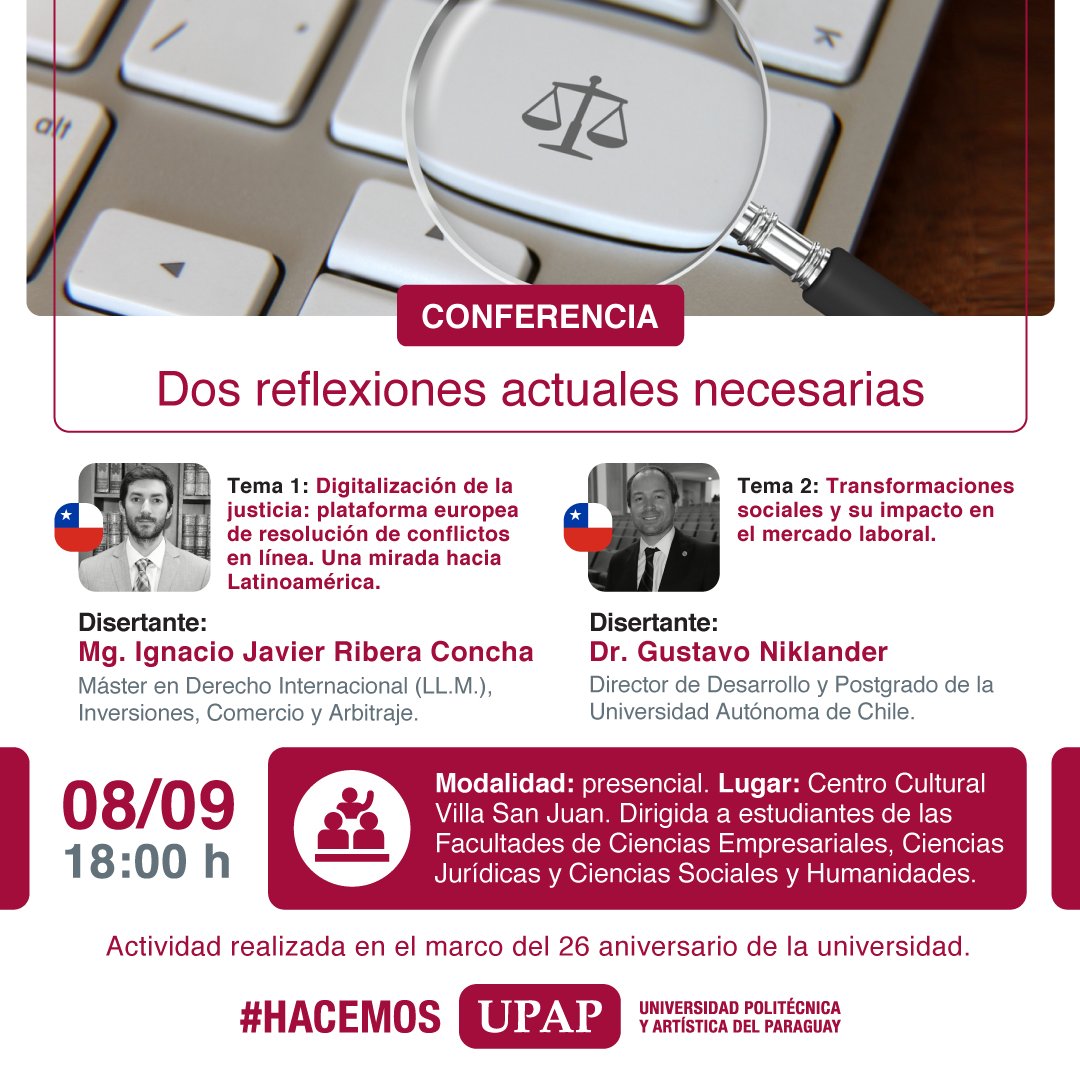 upap_py's tweet photo. En alusión a la conmemoración de nuestro aniversario número 26 los invitamos a participar de la Conferencia sobre transformaciones sociales, impacto en el mercado laboral y la digitalización de la justicia. 

Más información: https://t.co/A8wXtMwVN0. 

#HACEMOS https://t.co/veCZChIPnr