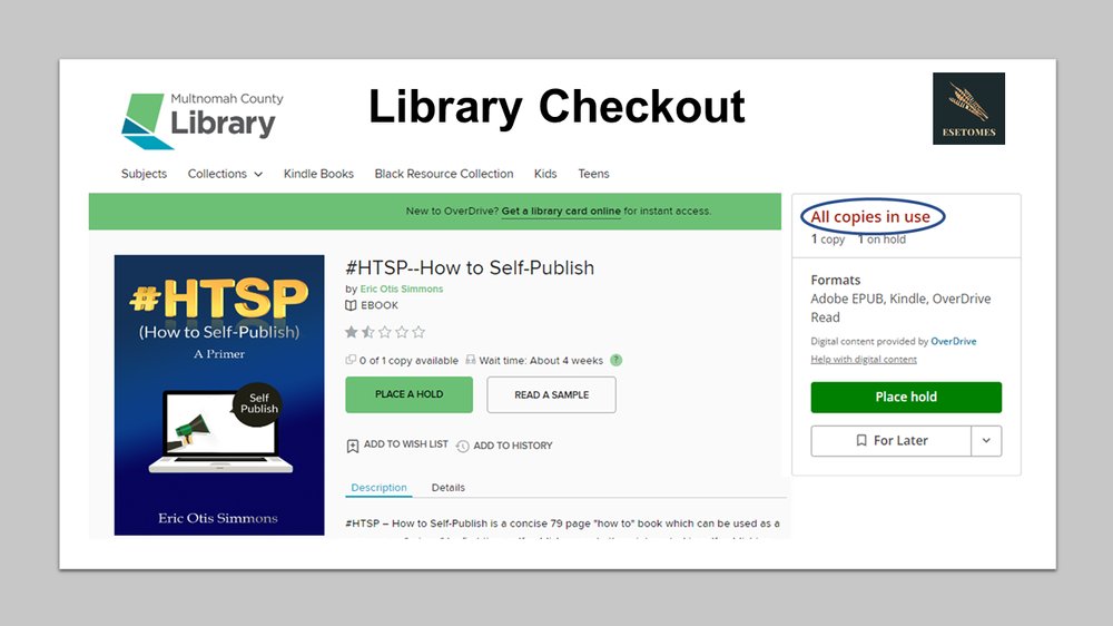 eseinc1's tweet photo. Library Checkouts: “#HTSP - How to Self-Publish” is currently checked out at Portland, Oregon-based Multnomah County Library (@MultCoLib) per ESE, Inc.... https://t.co/WMrGDbEjFn https://t.co/1a1NvuPSjx