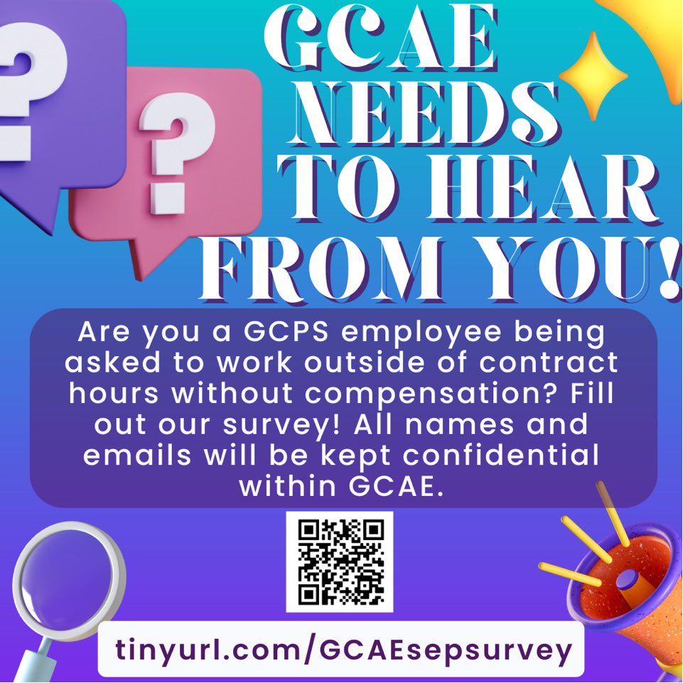 gce_nea's tweet photo. GCAE is meeting monthly with the district to advocate for GCPS employees. We believe staff should be compensated for time spent performing professional duties. Survey closes 9/7 @ 11:59 pm. Link in bio. Please share with colleagues! *Don’t use GCPS email or wifi to respond!* https://t.co/DNE0y7al0z
