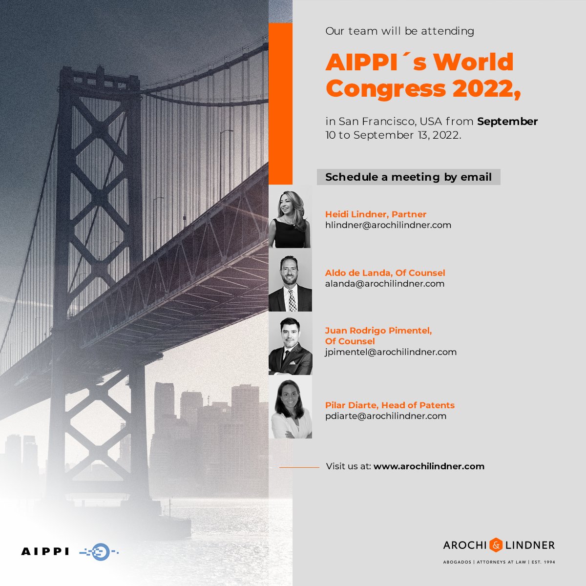 ArochiLindner's tweet photo. Our #team will be attending AIPPI´s World Congress 2022

Get in contact with our experts: 

📧hlindner@arochilindner.com
📧alanda@arochilindner.com
📧jpimentel@arochilindner.com 
📧pdiarte@arochilindner.com https://t.co/z4vd1YTMax