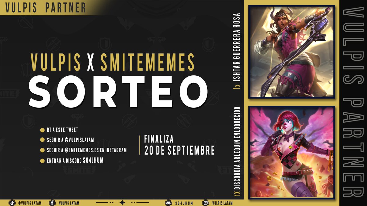 📣 ¡¡SORTEO!!  Vulpis x #Smitememes (Instagram)

⚡️1x  Ishtar Guerrera Rosa + Dios
⚡️1x Discordia Arlequín Enloquecido 

✅ Follow y RT
✅ Sigue a instagram.com/smitememes.es 
✅ Únete a Discord 
✅ Reacciona al SORTEO en Discord

discord.gg/sQ4JHUm