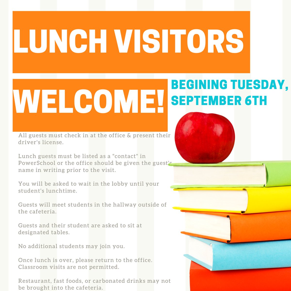 Beginning THIS Tuesday (9/6), Moody Middle School is happy to begin welcoming parents to eat lunch with their students in our cafeteria! Please note the following guidelines as they relate to lunch visitors. We can't wait to see you! <a href="/MoodyMiddleSch/">Moody Middle School</a> <a href="/sccboe/">St. Clair County Schools</a>