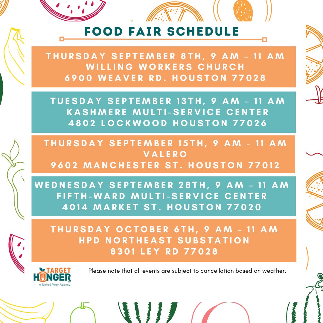 TargetHunger's tweet photo. If you need food, we have several food fairs in September! Food Fairs are open to anyone, you do not have to be a client to attend. Subject to cancellation due to weather. https://t.co/6tRtQ5oIfy