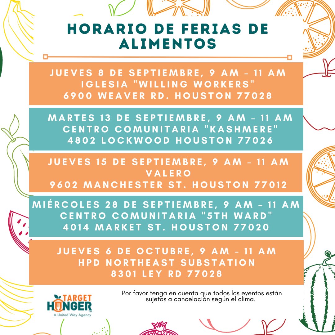 TargetHunger's tweet photo. If you need food, we have several food fairs in September! Food Fairs are open to anyone, you do not have to be a client to attend. Subject to cancellation due to weather. https://t.co/6tRtQ5oIfy