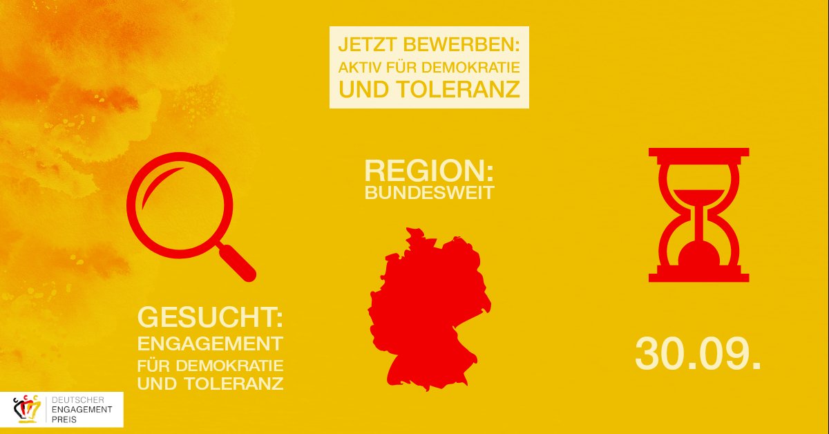 DEP_DSEE's tweet photo. Setzt ihr euch für Demokratie und Toleranz ein?🏛💛 Das #BfDT sucht bis zum 30. September nach Projekten, die das #Grundgesetz mit Leben und Ideen füllen. 💡👉https://t.co/JROHR06cQZ https://t.co/EGhwvvKje7